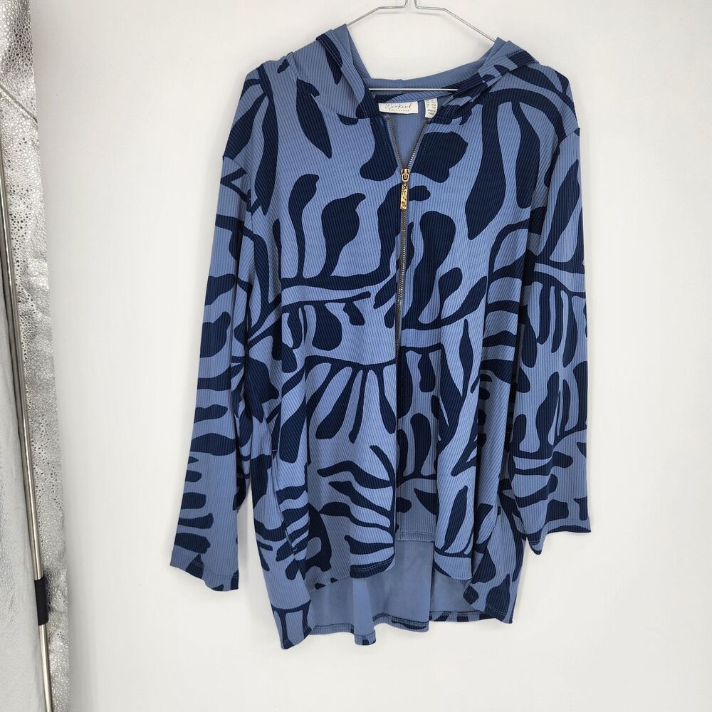 Susan Graver Weekend Women's Large Petite Blue Printed Zip‎ Front Hoodie
